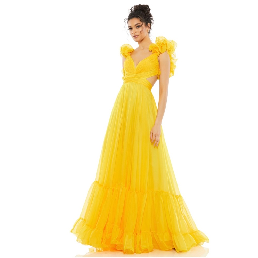 Ruffle Shoulder Lace Up Gown in Sunshine from Mac Duggal